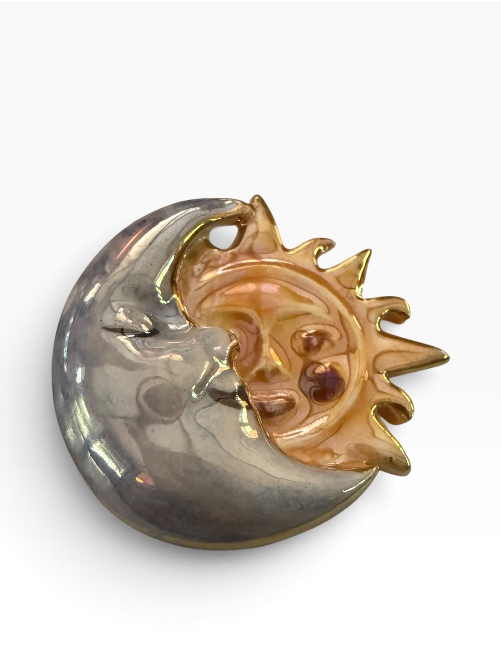 Vintage Ceramic Celestial Sun & Moon Face Brooch Iridescent Statement Pin - Picture 3 of 4